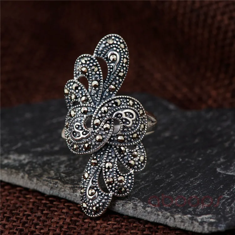 Vintage 925 Sterling Silver Ring with Marcasite Stones for Women Girls,Adjustable,Free Shipping