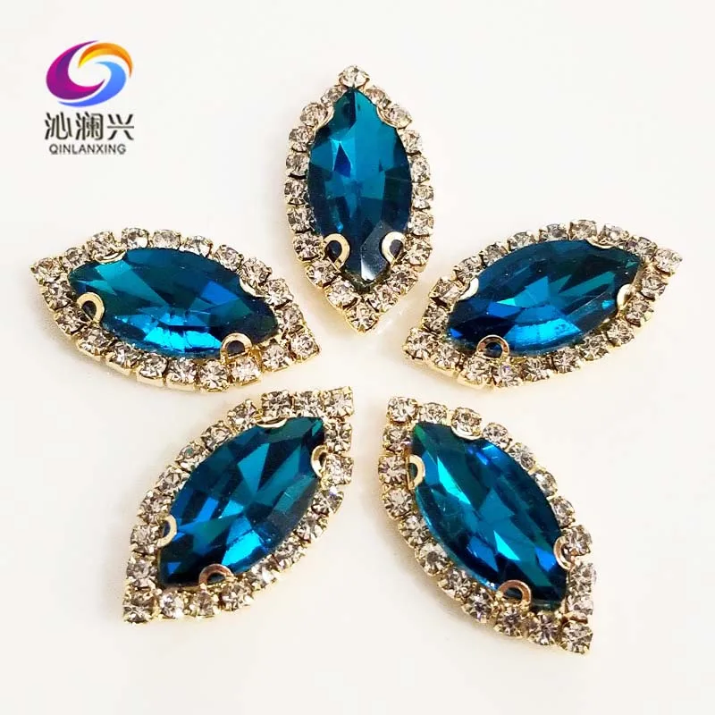 

Gold Bottom Peacock Blue Top Grade Glass Crystal Buckle, Eye Shape Sew on Rhinestones with Holes,Diy/jewelry Accessories SWEKG13