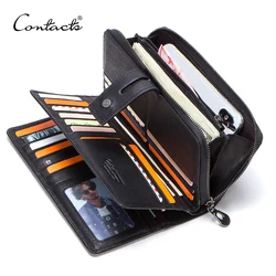 CONTACT'S-cartera de cuero genuino para hombre, billetera larga con tarjetero, monedero con cremallera para teléfono móvil, billetera de lujo para negocios