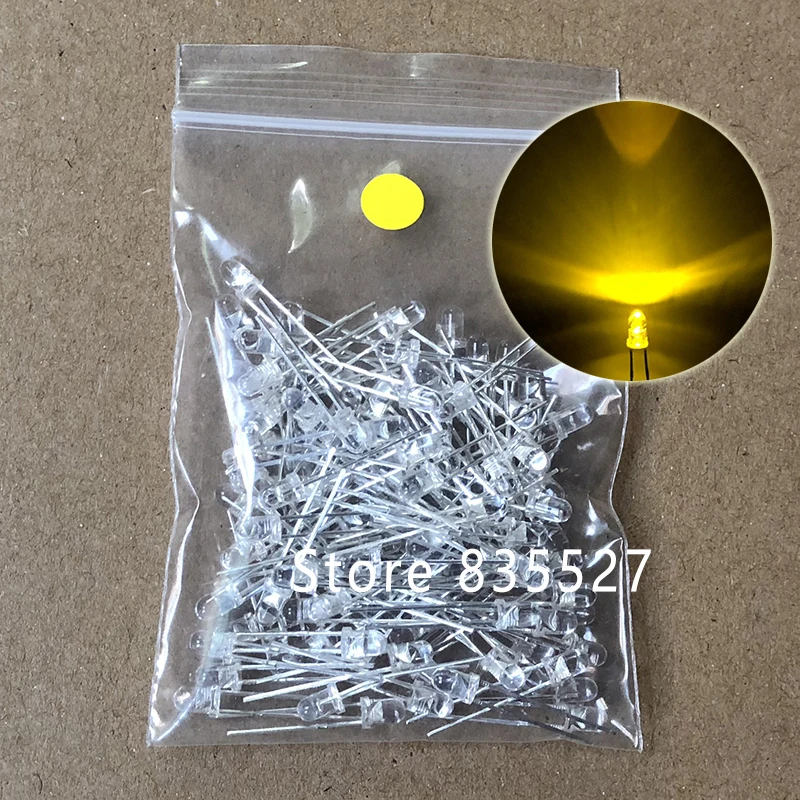 

100PCS/LOT F3 3MM Round Transparent Shell Yellow LED Light-emitting Diodes Water Clear For DIY Light lamp beads DIP