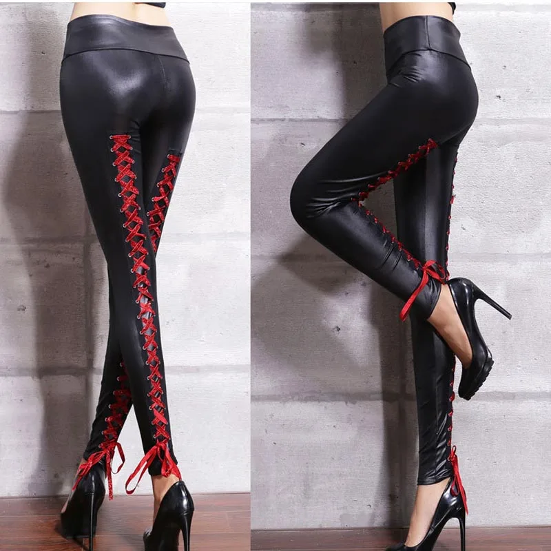 Sexy Woman Wet Look Faux Leather Leggings High Waist Hot Pants with Back Lace Up Night Party Dancing Costumes