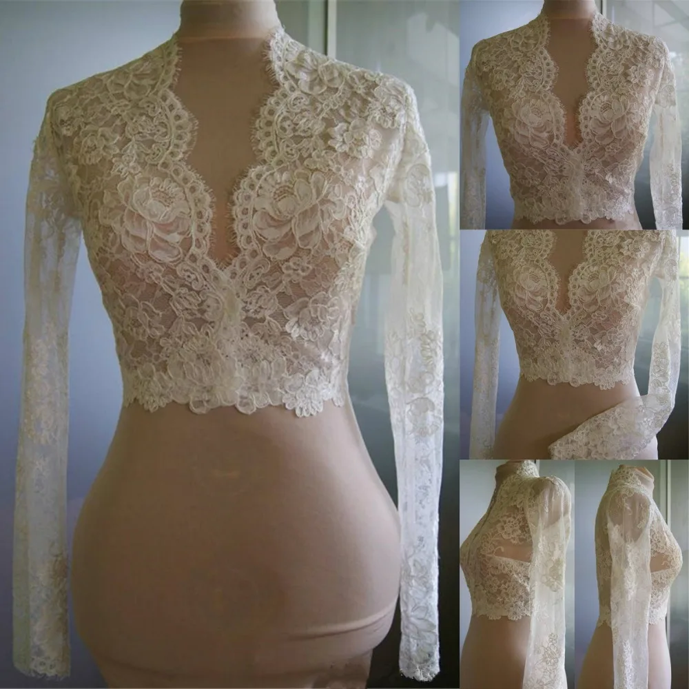 Mini bolero de noiva, cristais de renda, bainha para pescoço em v, manga longa, casamento, jaqueta de noiva