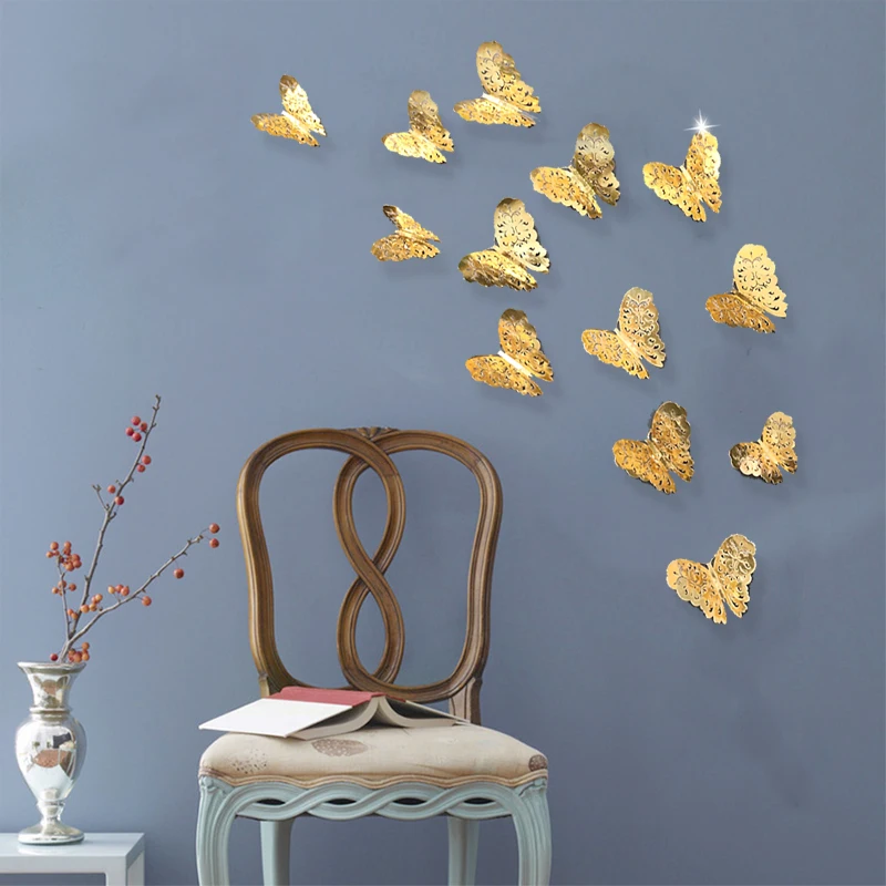 Glitter Gold Silver Hollow Butterflies Wall Sticker Decals Flower Leaf Garland Hanging Home Poster Kids Rooms Wedding Decoration