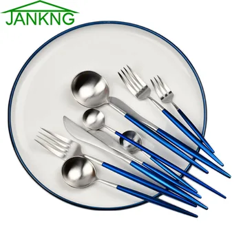 JANKNG 1 피스 식기 세트 블루 실브 칼 세트 매트 골드 나이프 포크 식기 18/10 스테인레스 스틸 서양 칼 세트 Best5 JANKNG 1 피스 식기 세트 블루 실브 칼 세트 매트 골드 나이프 포크 식기 18/10 스테인레스 스틸 서양 칼 세트 Best5