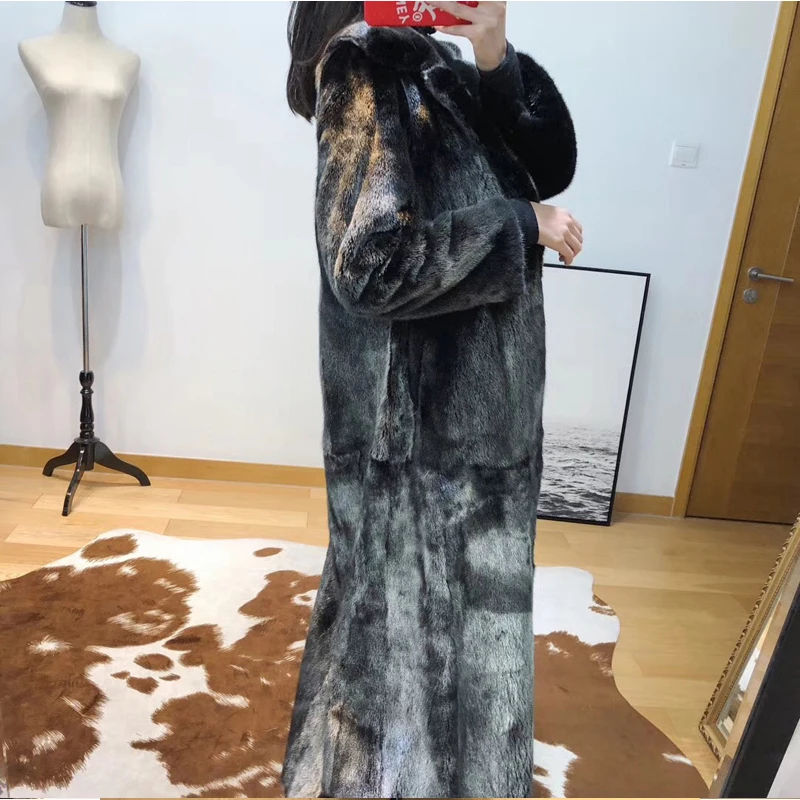 Ftangaiur New Import Crown Level Swan Velvet Mink Fur Coats Black Silver Blanching Technology X-Long Women Slim Mink Fur Coats