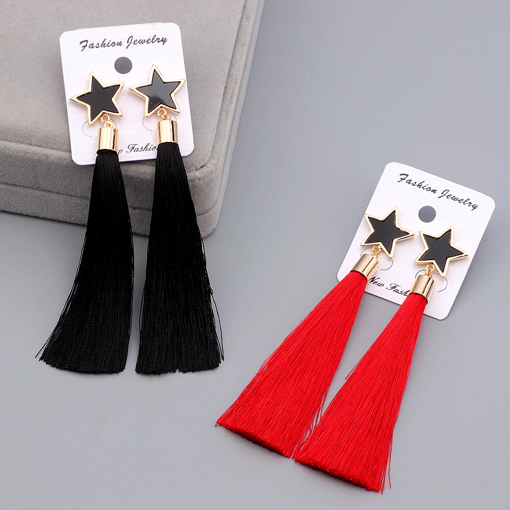 New Arrival Fashion Brand Jewelry Star Tassel Long Earring For Women Bijoux Classic Red And Black Colors Drop Dangle Earrings E1