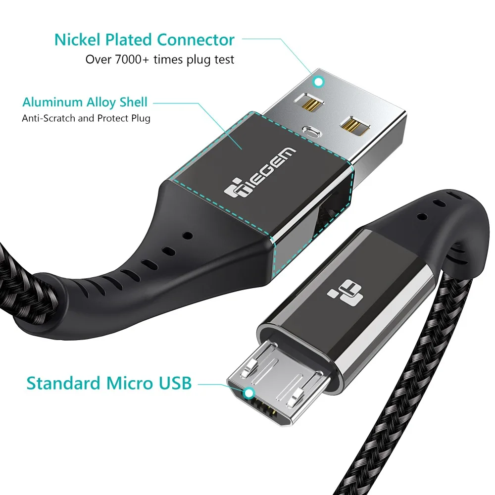 TIEGEM-Cable Micro USB 2.4A de nailon, Cable de datos de carga rápida para Samsung, Xiaomi, teléfono móvil Android, Cable de carga USB de 1M, 2M, 3M