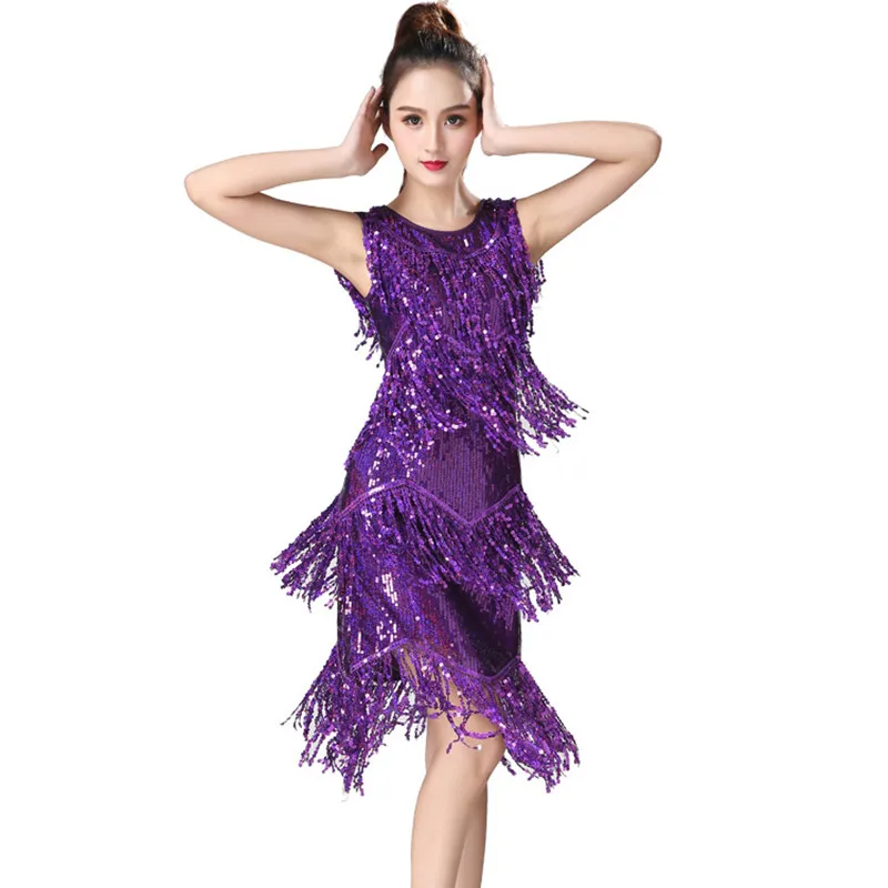 Shiny Pailletten Latin Dance Kleid für Erwachsene Frauen Mädchen Bühne Wettbewerb Tanzen Kostüm Quaste Ballsaal Dancewear Sänger Kleidung