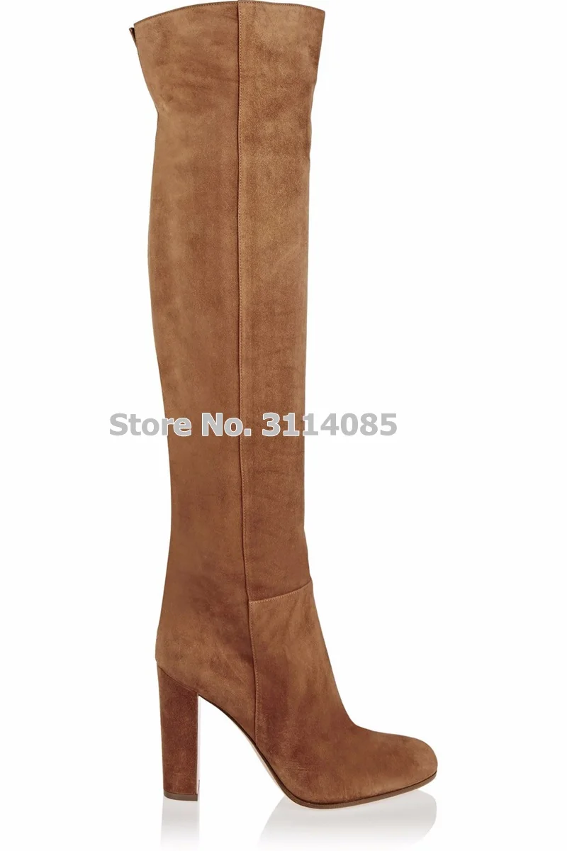 

Women Top Brand Brown Suede Chunky Heel Knee Boots European Style Thick High Heels Celebrity Stage Boots Tall Boots Dress Shoes