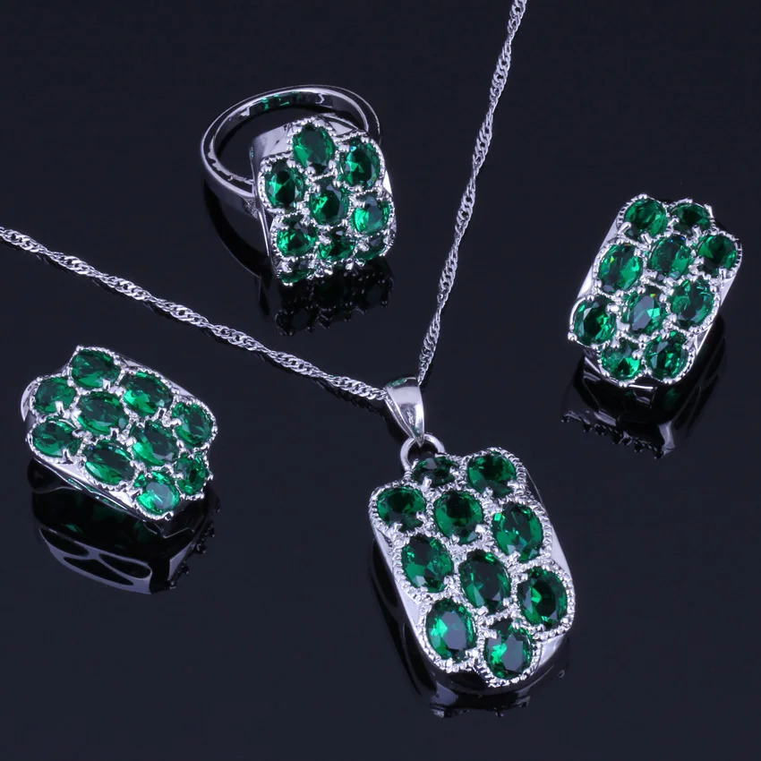 Outstanding Green Cubic Zirconia Silver Plated Jewelry Sets Earrings Pendant Chain Ring V0252