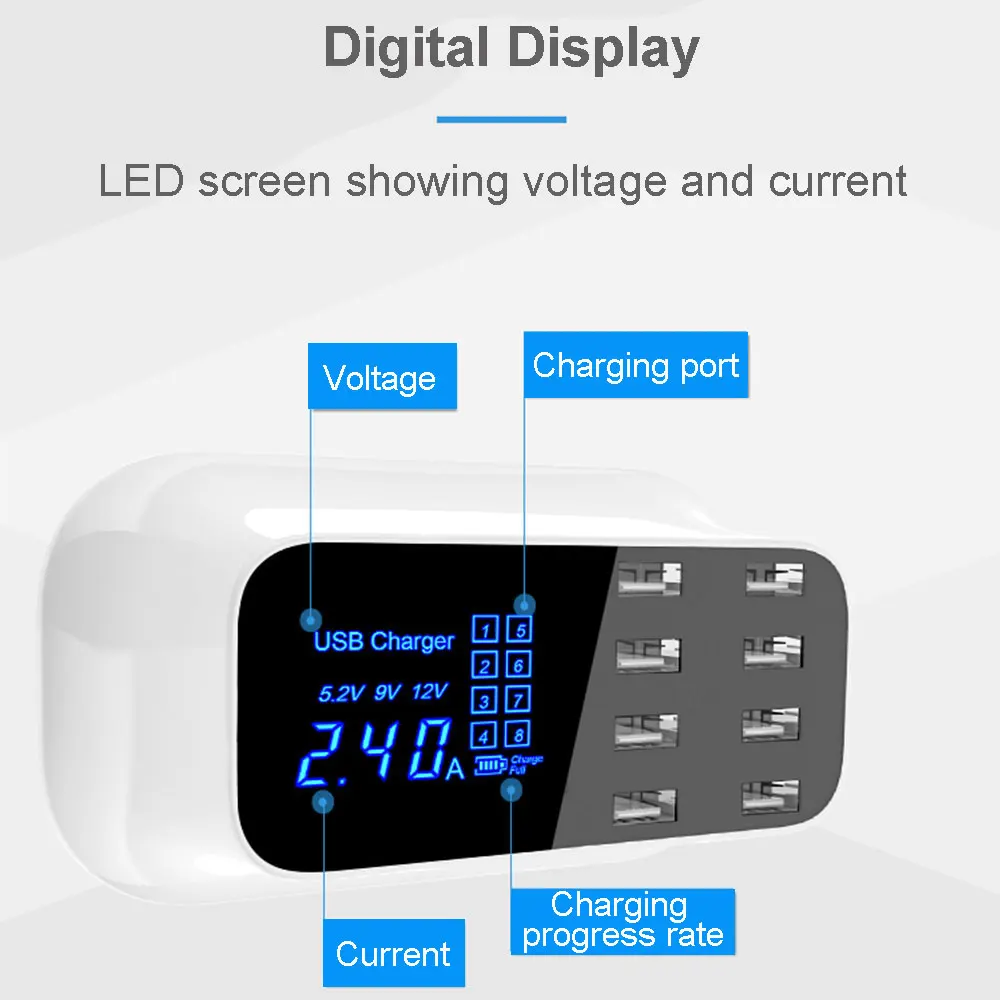 bottix 8 Port Smart Chip USB Charger Dock Station Led Display Phone Tablet Charging Desktop Power Adapter Socket Strip 2.1A