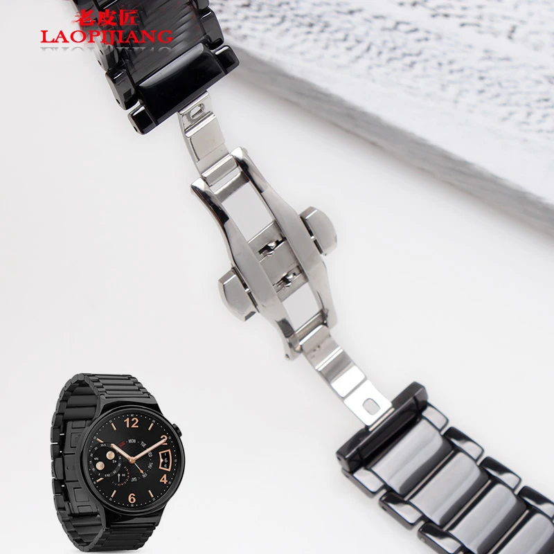 Laopijiang Black and white ceramic bracelet for HUAWEI watch glory S1 butterfly 22*18mm waterproof watch strap