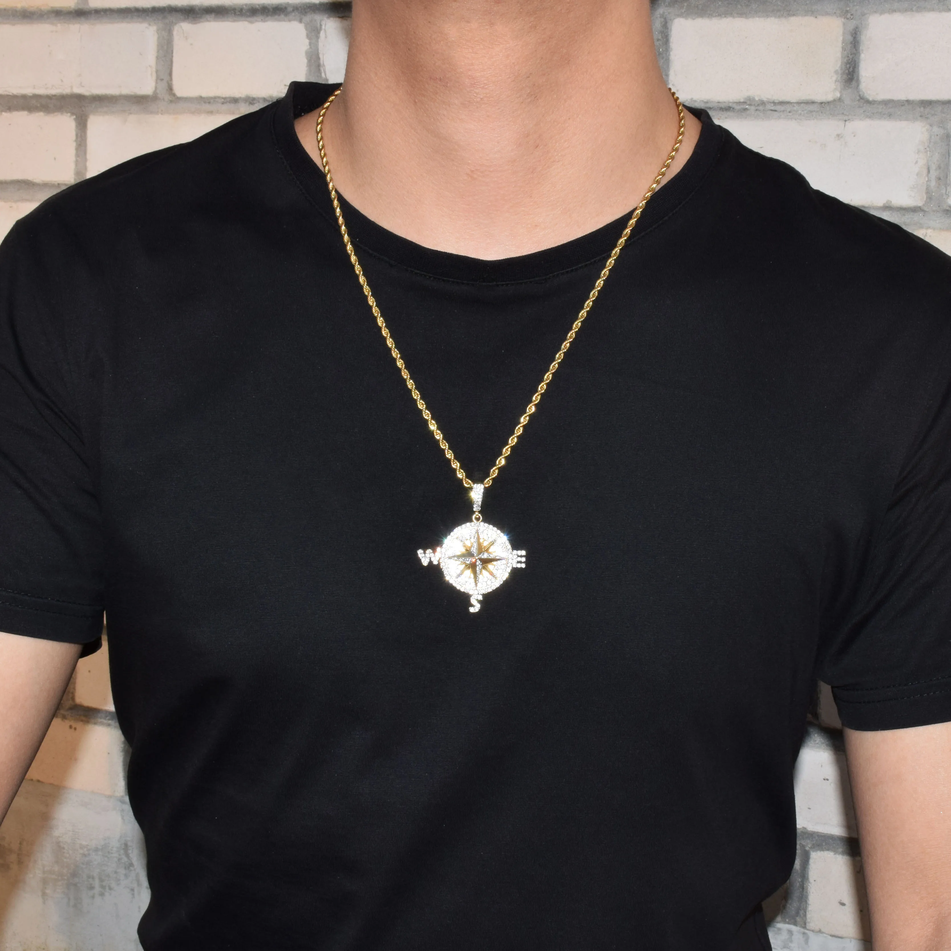 Compass Shape Necklace & Pendants Gold Color Iced Cubic Zircon Men's Hip Hop Jewelry