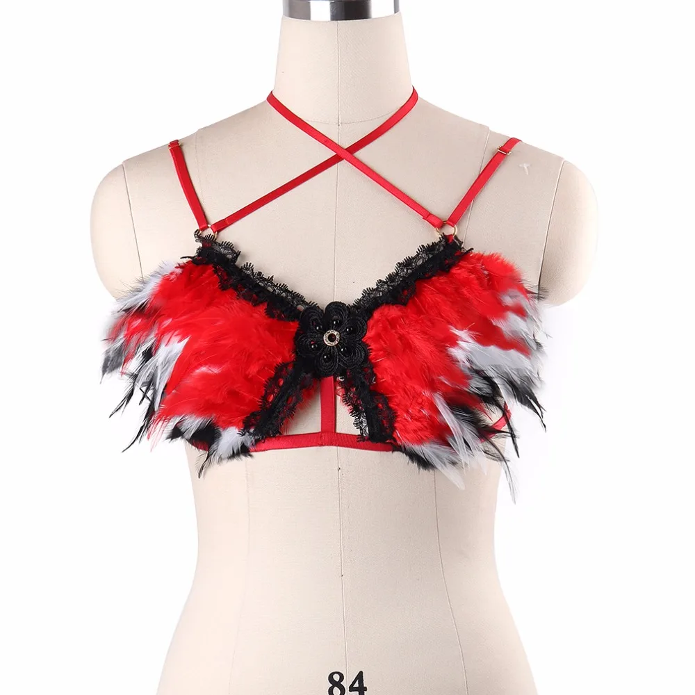 

Womens Gothic Feathers Harness Elastic Red Tops Bralette BurningMan Cage Bondage Harness Sexy Crop Top Bodysuit Rave Wear DO0600