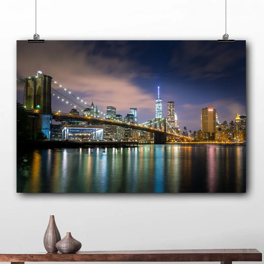 New York City night lights Brooklyn Bridge Picture Printed Canvas Cloth Wall Art Poster Painting For Room Decor