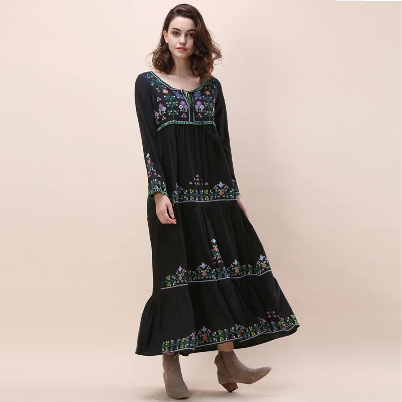 Black dress floral embroidered boho dress Vintage o-neck tassel long Sleeve dresses hippie long women dress brand clothing