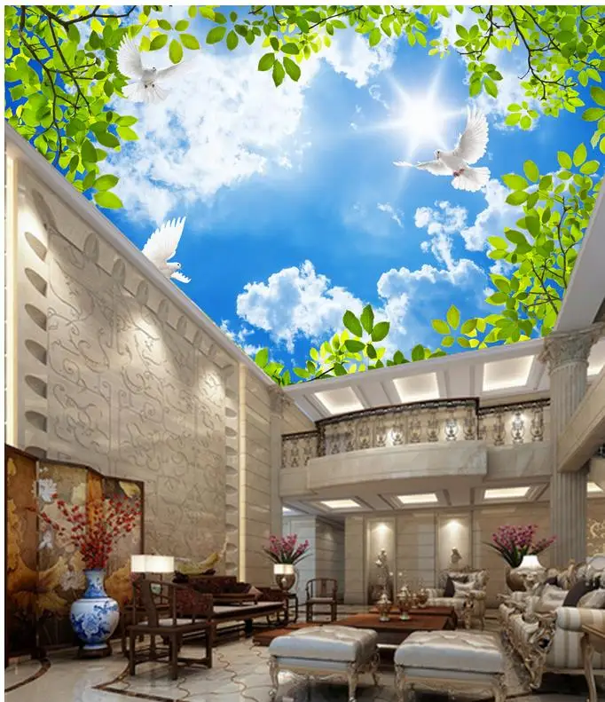 

3d wallpaper nature Sunny blue sky pigeons leafy vines ceiling Wallpapers for living room Mural 3d wallpaper ceiling