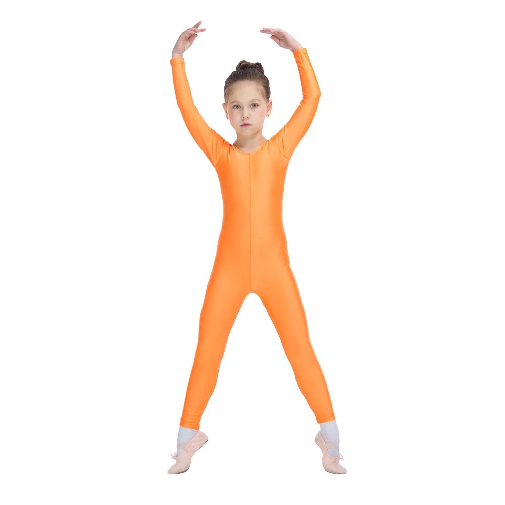 Ballet Unitards Orange Shiny Fabric Long Sleeve for Kids and Girls Dancing and Gymnastics Catsuit