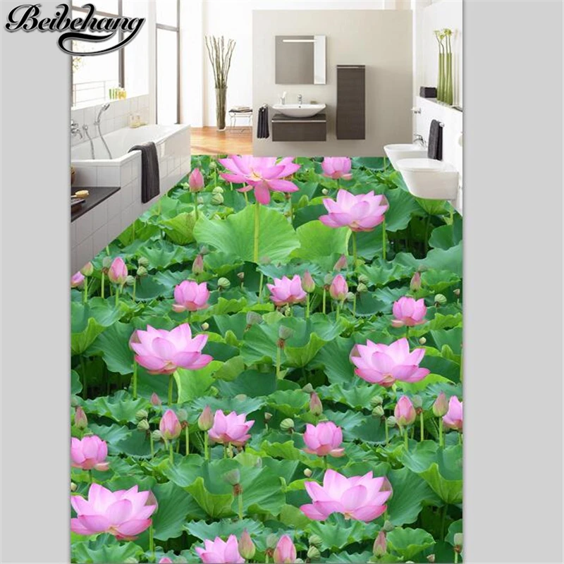 

beibehang Custom floor decoration painting 3D three-dimensional lotus leaf pond flowers plant floor painting papel de parede