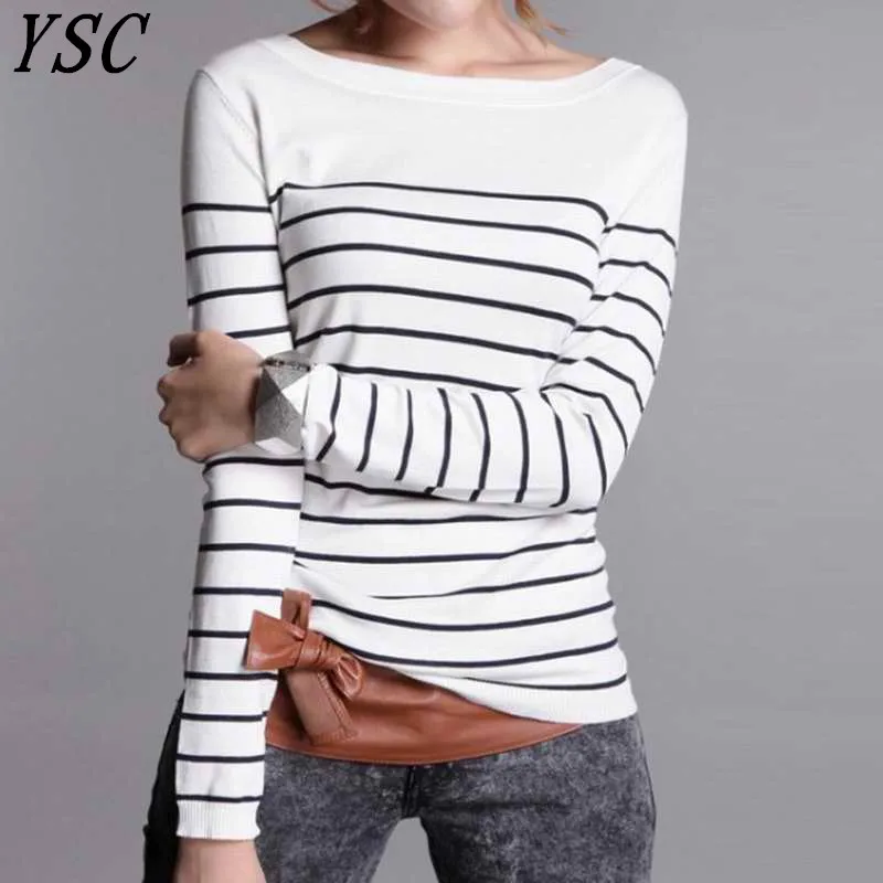 YSC Hot Sales Classic style Women\'s Knitted Cashmere Wool Sweater Black and white stripes Keep warm High-quality pullovers