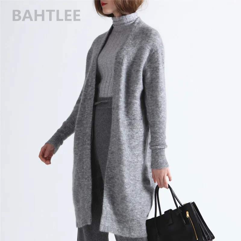 BAHTLEE-Women\'s Mohair Cardigan Sweater with Pocket, V-Neck, Knitted, Monochromatic, Long Sleeves, Wool Coat, Casual, Lazy Style