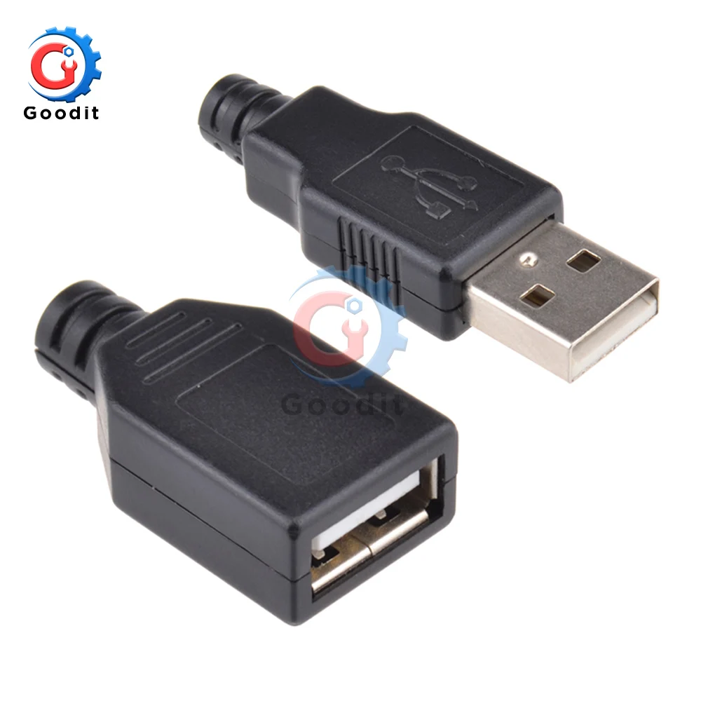 USB 2.0 A 타입 수컷 암컷 USB 4 핀 플러그 소켓 커넥터, 블랙 플라스틱 커버, A 타입 DIY 키트, 10 개