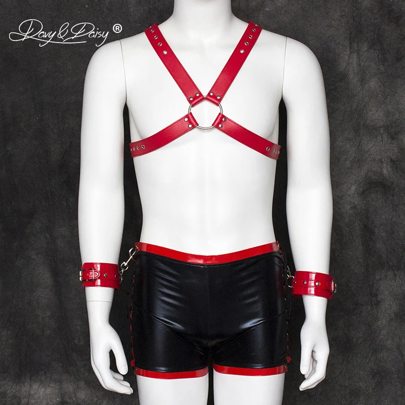 

DAVYDAISY Men Sexy Set Harness Belt Open Bust Crop Top Shorts Handcuffs PU Leather Gay Bandage Exotic Pants Sexy Lingerie PA502