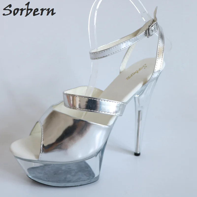 Sorbern Silver Patent Leather Women Sandals Straps Summer Shoes Ladies High Heels See Through Perspex Heeled Sandals For Women