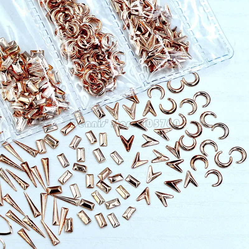 1 Pack Mix Rose Gold Triangle Rectangle V-Arrow Moon Star Metal Stud Nail Art Rhinestones Gems Decorations DIY Salon Tip 6#