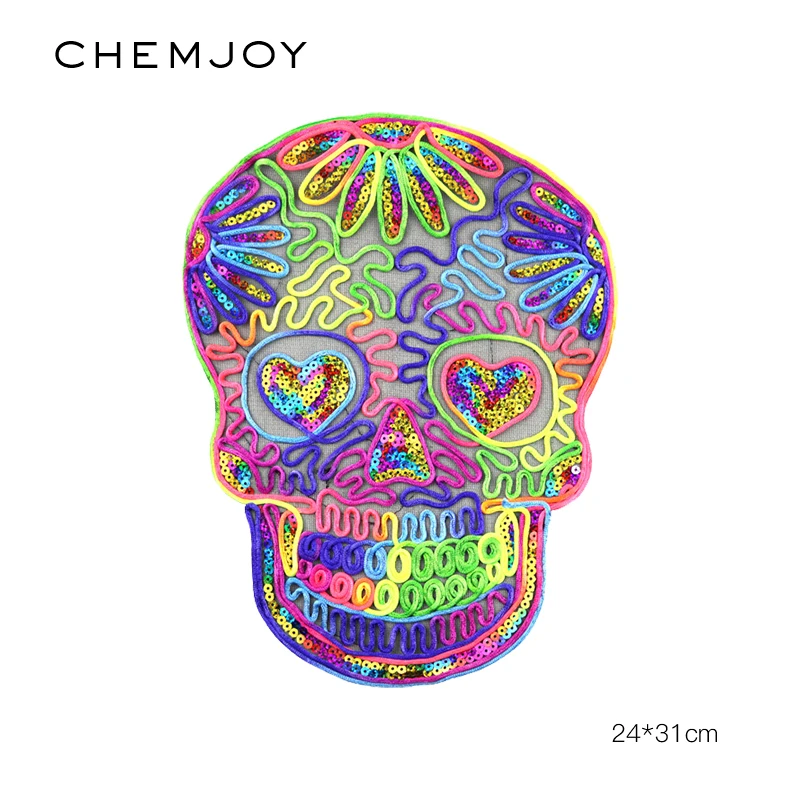 Large Skull Sequin Patch Sew on Sticker for Clothes DIY Biker Applique Clothing Stickers Repair Jacket Patches for Backpacks