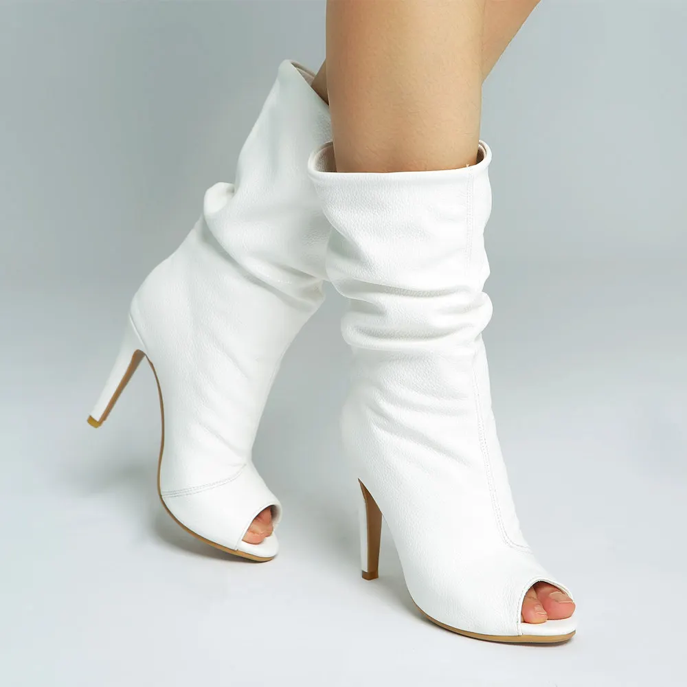 

Bota feminina white sexy peep toe summer leather thigh high heel boots sexy botines ladies sandals women shoes large size 47