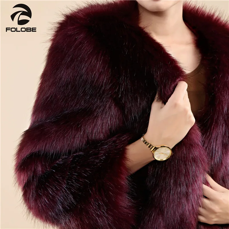 FOLOBE Women Winter Faux Fur Coat Female Luxury Artificial Fur Coats Jackets O-Check Burgundy Long Outwear Women Clothing