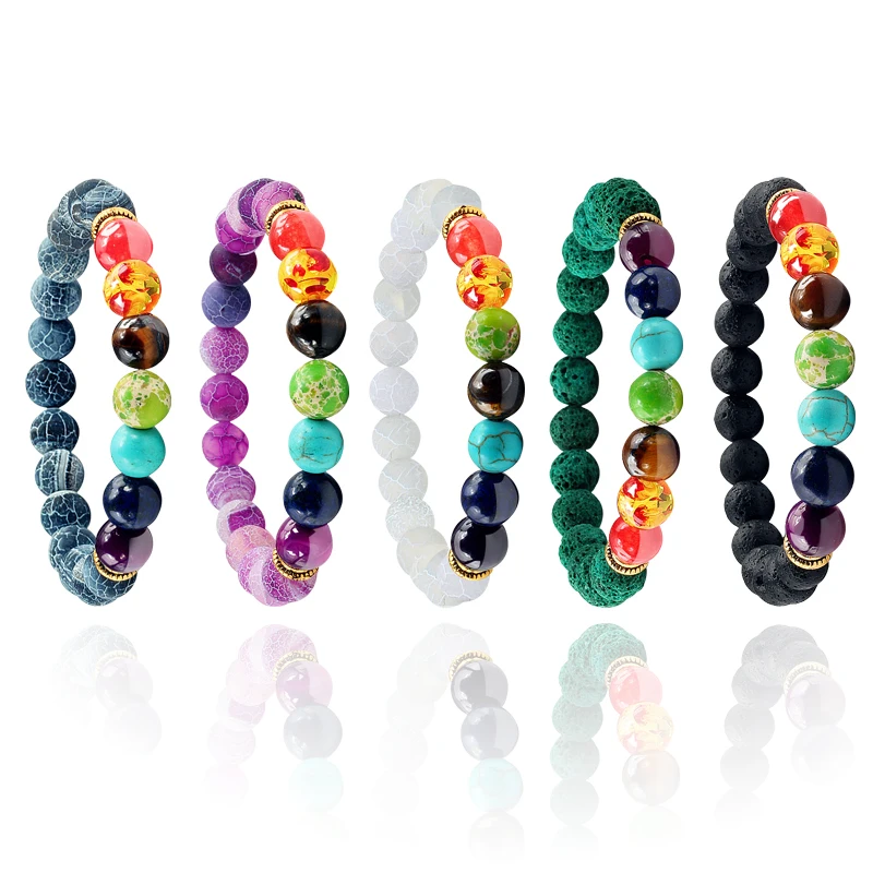 7 Chakra Rosary Bracelets Yoga Women Black/White/Purple Weathered Lava Stone Colorful Volcanic Beads Mens Bangles Stone Jewelry