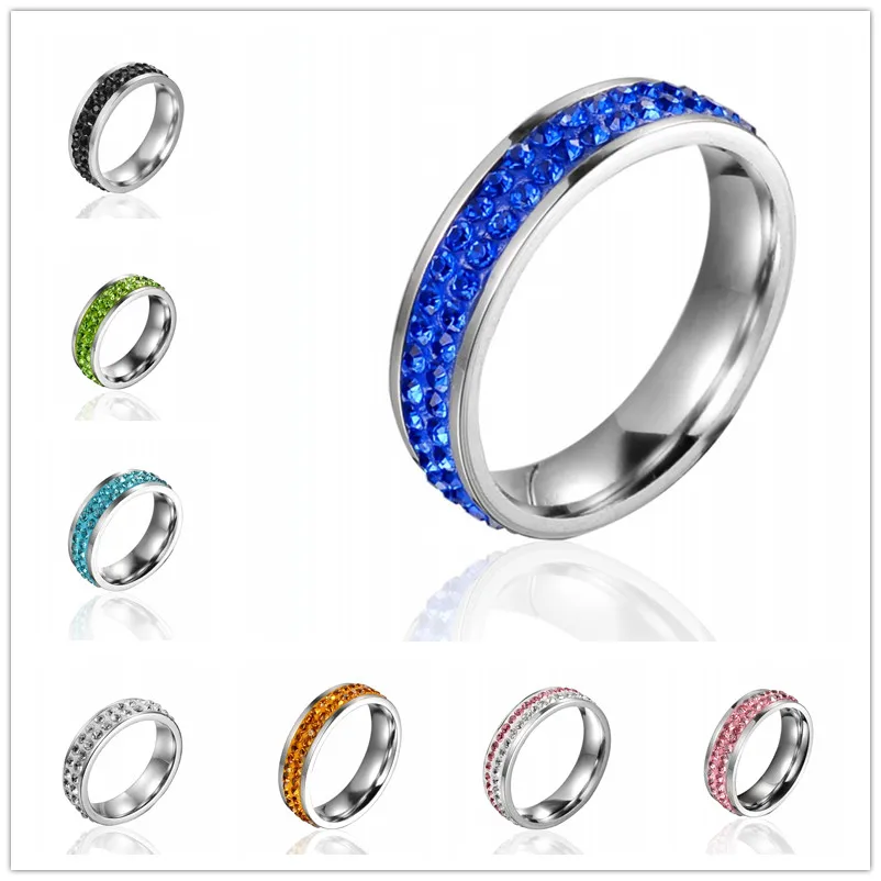 QianBei 6MM Stainless Steel 2Rows CZ Inlay Cubic Zirconia Drop Oil Women Men Rings Wedding Cocktail Graduation Xmas Gift