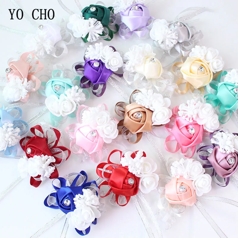 YO CHO Wrist Corsage Bridesmaid Sisters Hand Flowers Silk Artificial Bride Flowers White Wedding Dancing Party Decor Bridal Prom