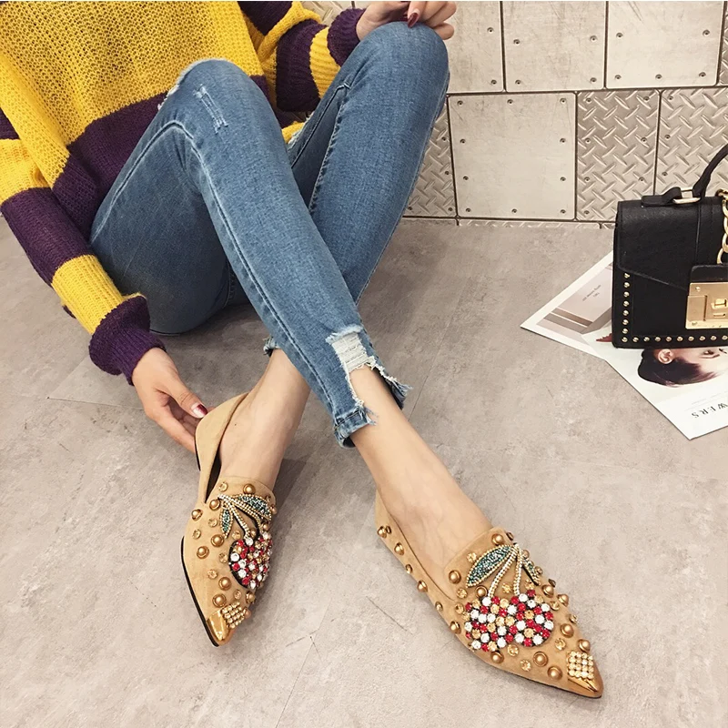 SWYIYV Woman Flats Shoes Rhinestone Cherry 2019 Spring New Female Metal Pointed Toe Casaul Shoes Comfortable Flats Loafers Shoes