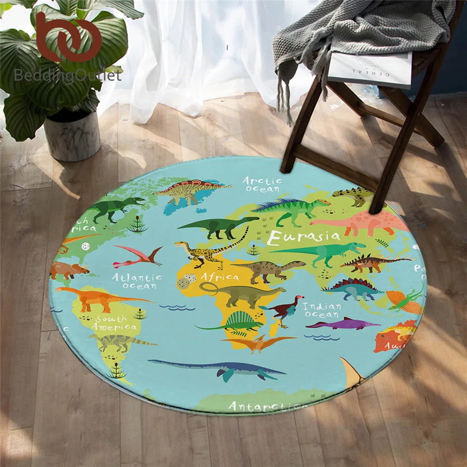 BeddingOutlet Dinosaur Round Carpet Jurassic Non-slip Area Rugs World Map Floor Mat For Kids Cartoon alfombra Dropshipping