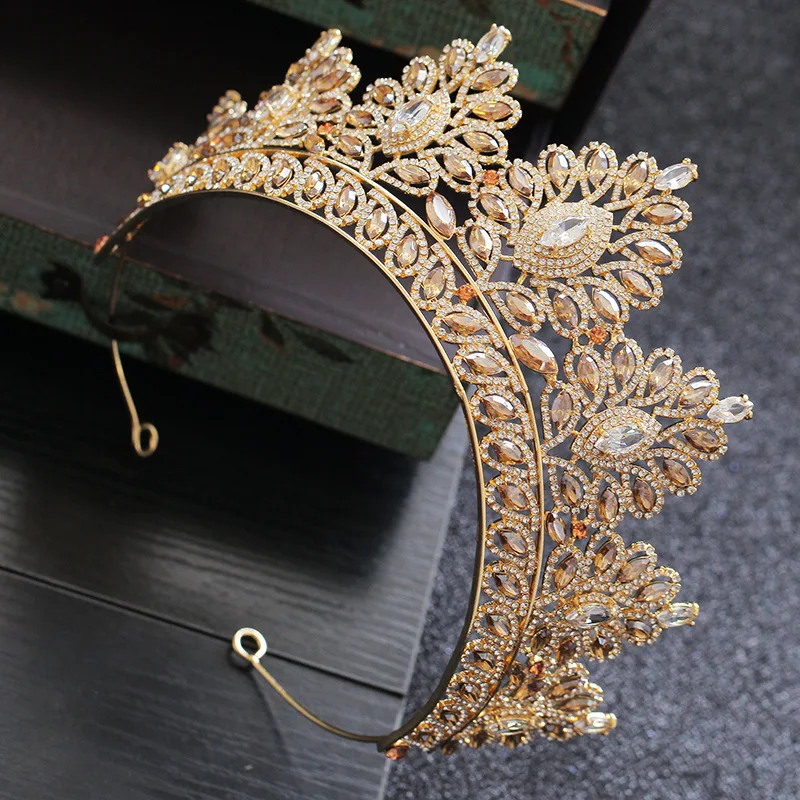 Baroque Vintage Gold Color Champagne Rhinestone Bridal Tiaras Crown Wedding Hair Accessories Crystal Pageant Tiaras Queen Diadem