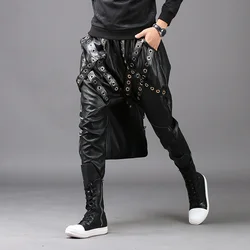 Di Modo Degli Uomini di Nero Jogging Stretto Gioventù Pantaloni Stile Harem Degli Uomini Sottile Coreano Pantaloni di Pelle Moto Pu Autunno Inverno Rivetti Pantaloni