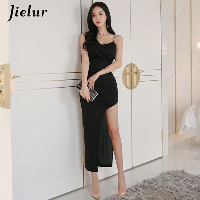 Jielur Split Sexy Dress Woman Vintage V-neck Spaghetti Strap Black Ladies Dresses Kpop Simple Chic Fashion Summer Robe Femme