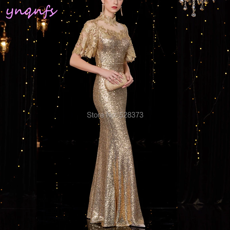 YNQNFS Robe Soiree Evening Party Illusion High Neck Flare Sleeve Gold Sequins Mother of Bride/Groom Dresses Elegant 2019 MD284