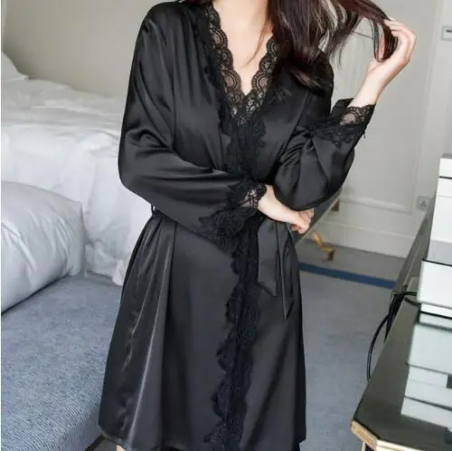 1620 Women\'s Satin Silk Woman Lace Robe Female Lace Bathrobe Womens Robes Sleepwear Ladies Sexy Robe For Women Drop Shipping