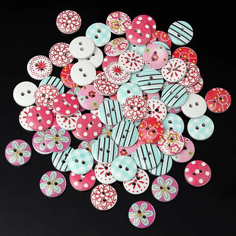 50 PCS 15mm Mixed Round Retro Floral Printing Pattern 2 Holes Wood Decorative Button For DIY crafts Wedding Decor Accessories