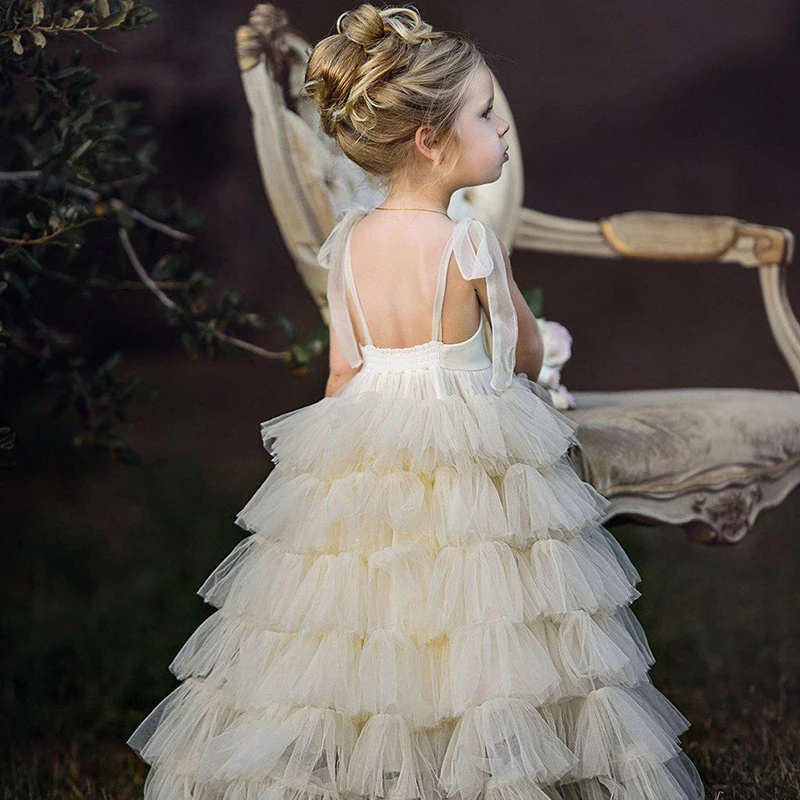 New Arrivals Little Girls Dresses Sleeveless Straps Open Back Tulle Holy First Communion Dresses Flower Girls Gowns Beach Dress