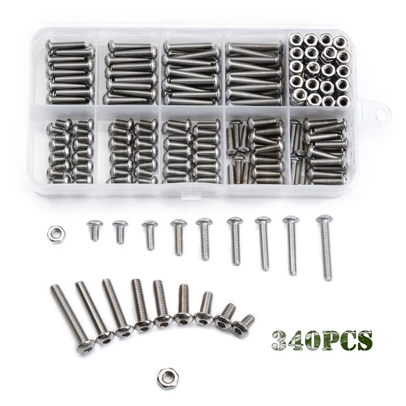 

340PCS M3 Button Head Hex Socket Screw Bolt Nut Stainless Steel 304 M3 Screws Nuts Hardware Fastener Assortment Kit