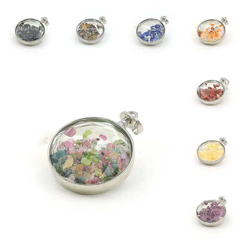 Mixed Stones Chips Round Device Pendant With Gluing Double Glass Boards Approx 50*35*12mm