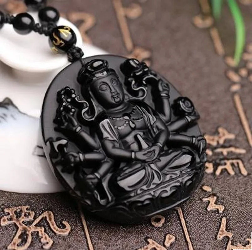 Natural Black Obsidian QianShou Buddha Carved Lucky Amulet polish pendant Necklace Buddha pendants