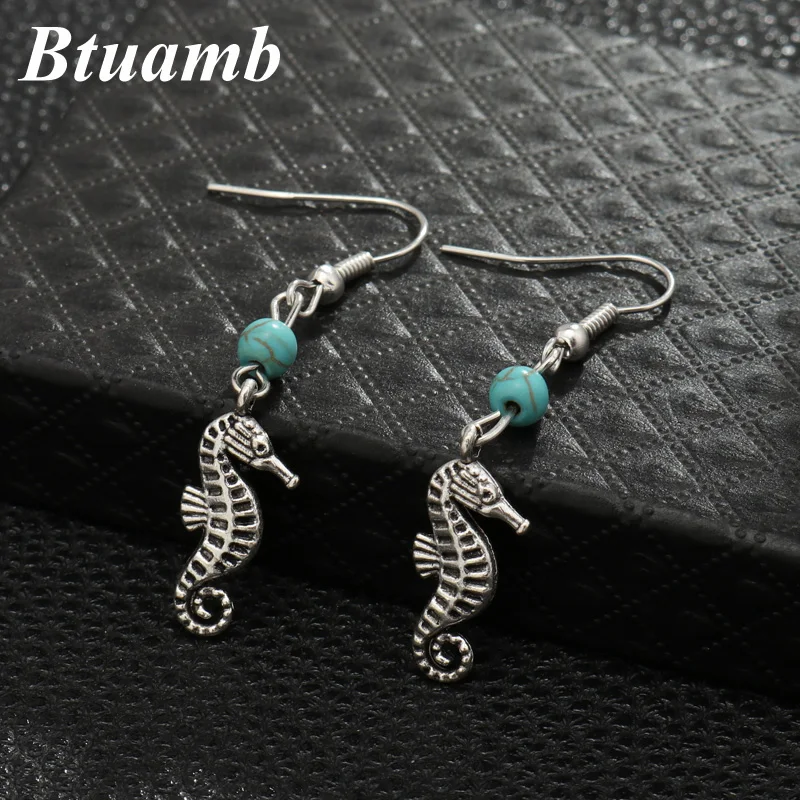 Btuamb Bohemian Natural Stone Beads Earrings Vintage Seahorse Dangle Earrings for Women Jewelry Summer Sea Beach Style Brincos