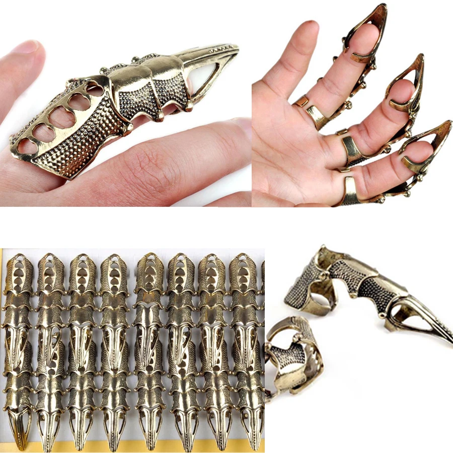 2pcs Punk Gothic Full Finger Armor Talon Claw Rings Robot Metal Armoring Joint Knuckle Ring for Women Men Party Jewelry