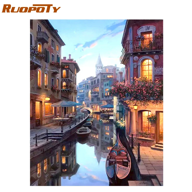 

RUOPOTY Water City Landscape DIY Painting By Numbers Modern Wall Art Canvas Hand Painted Oil Painting Home Decor Artwork 40x50cm